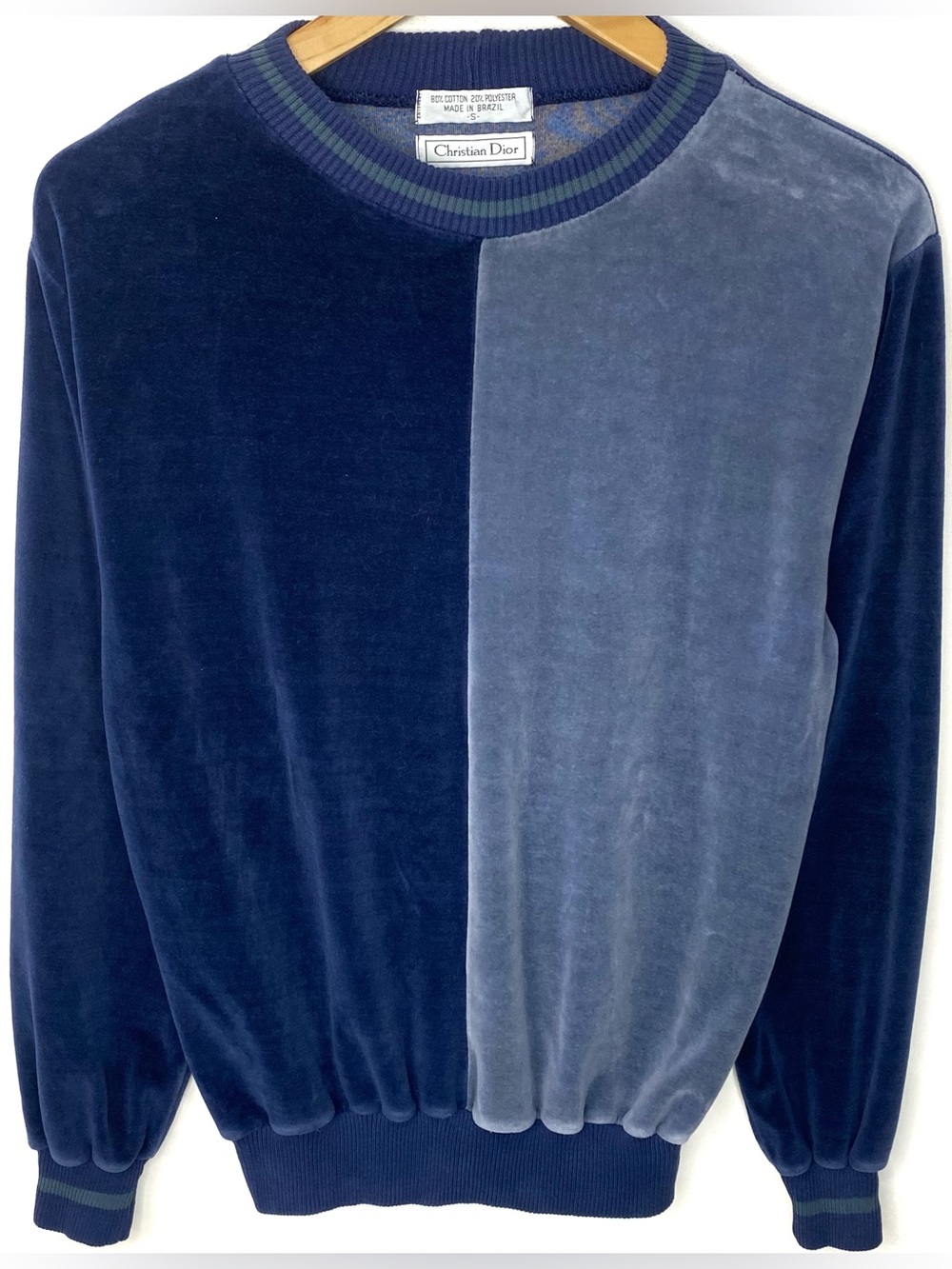 Vintage Christian Dior 2 Tone Blue Velour Color Block Ringer Crewneck Sweatshirt